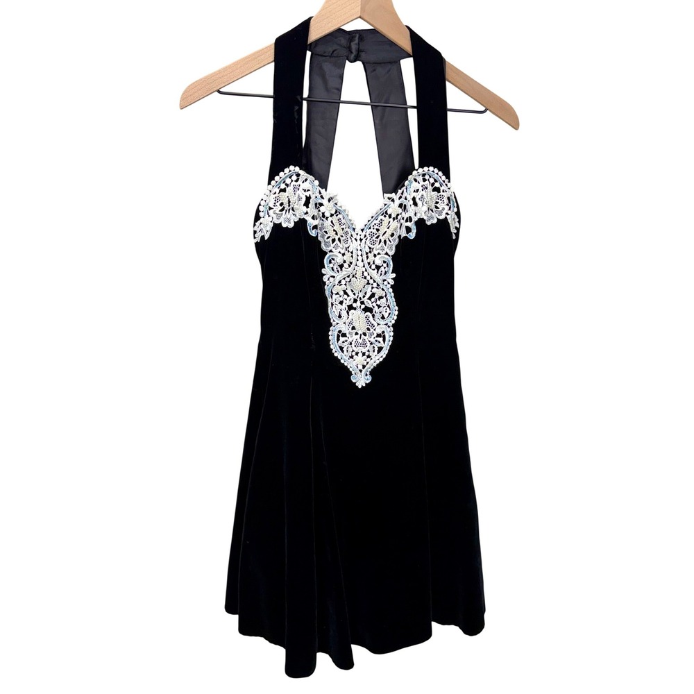 VTG Gunne Sax Jessica McClintock Black Velvet Lace Halter Mini Dress Size 7/8